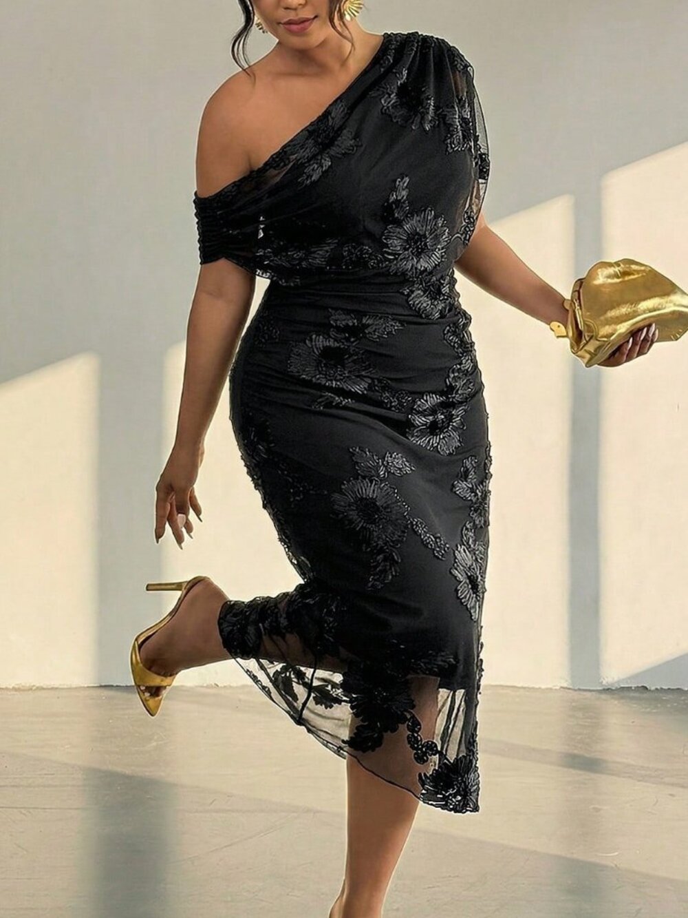 Black Elegant Women's Plain Asymmetrical Bodycon Evening Dress